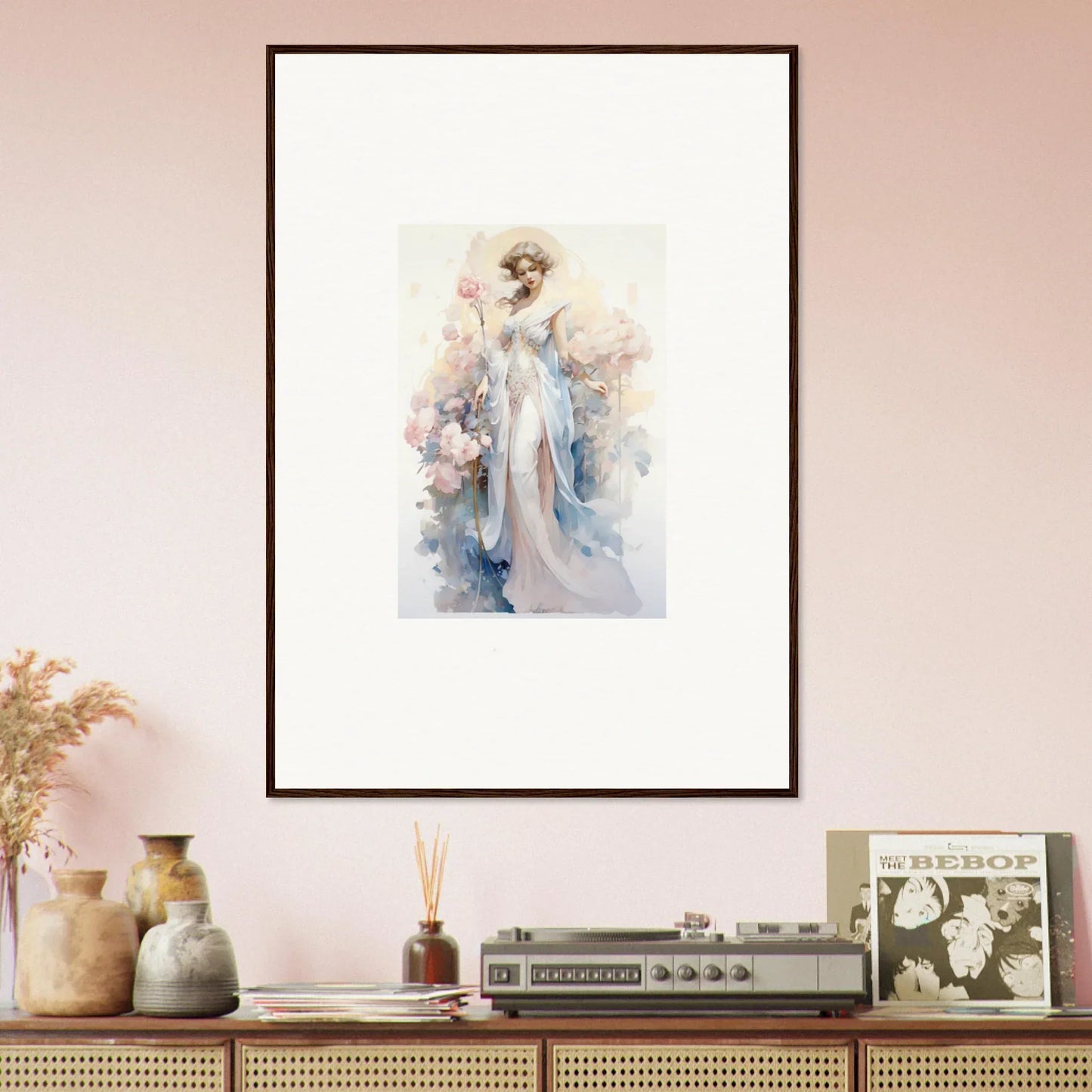 Framed watercolor of an ethereal woman in blue, perfect for room decoration or canvas print