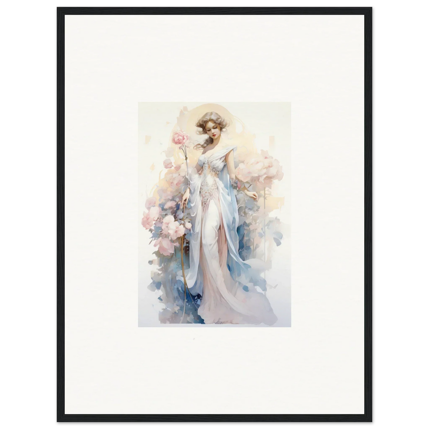 Watercolor painting of a graceful woman in white dress holding pink flower for room decoration