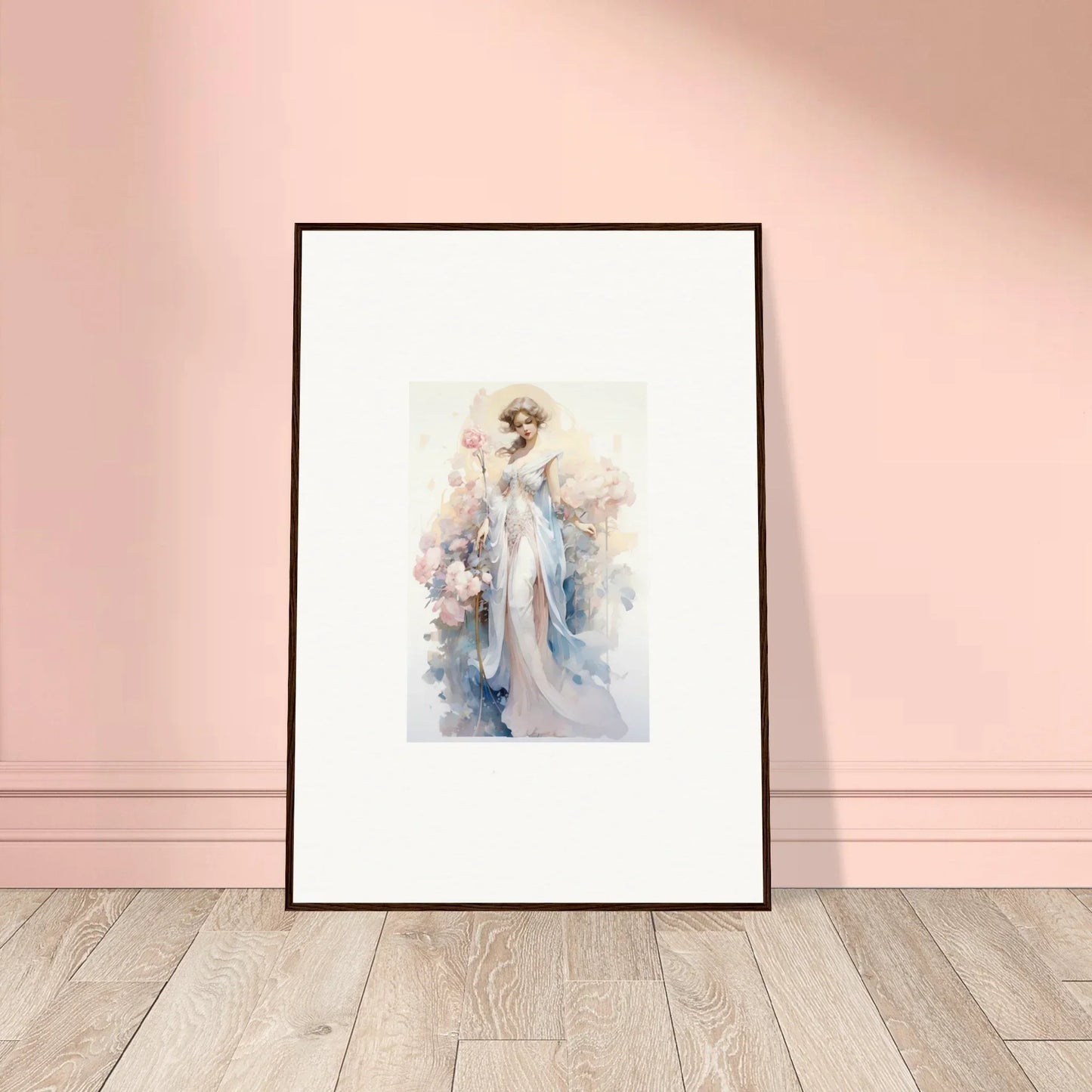 Framed watercolor of ethereal figure in blue robes, perfect for room decoration or Blossom Serenade canvas print