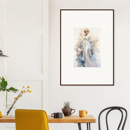 Framed watercolor of a feminine figure in pale blue, perfect for room decoration