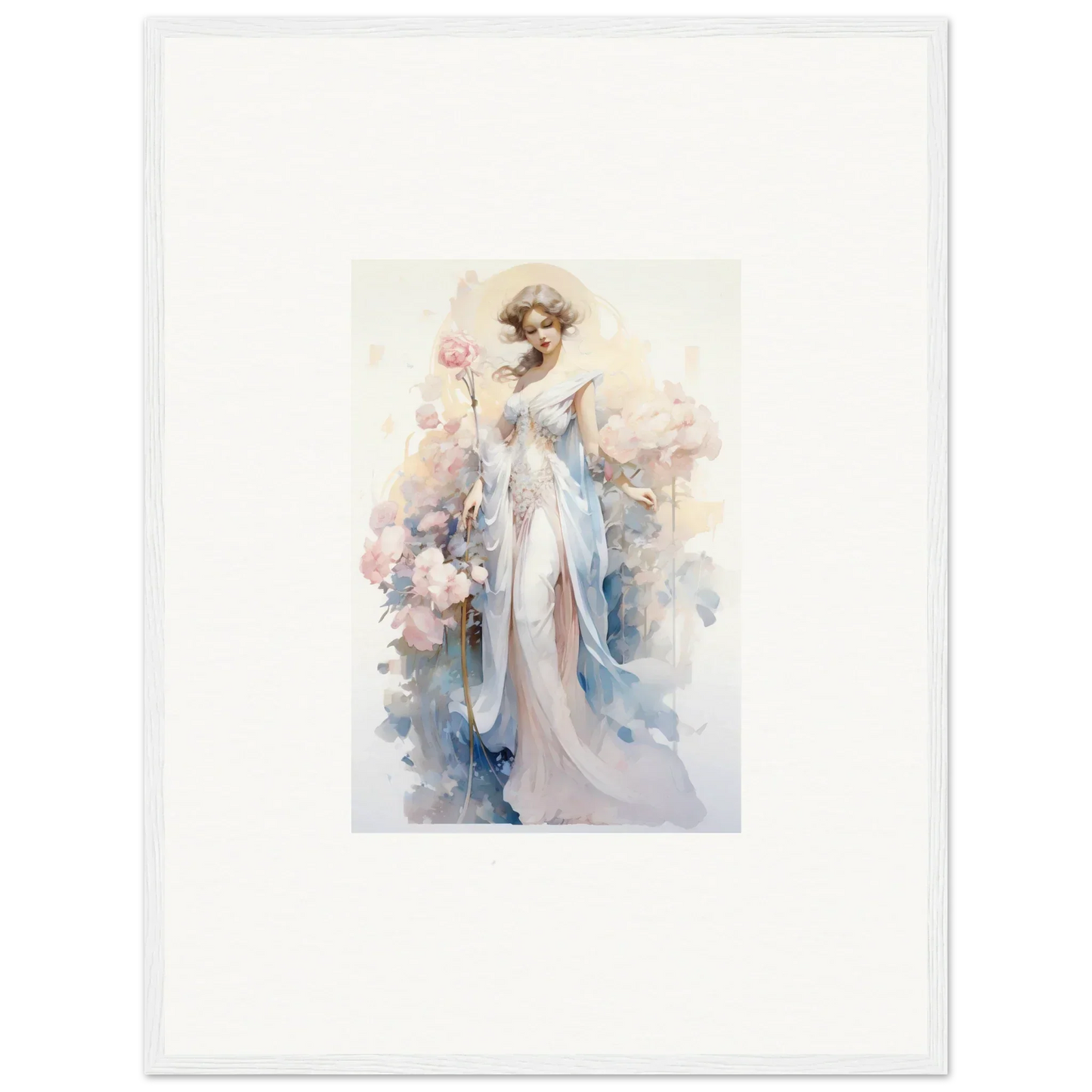 Watercolor canvas print of an elegant woman in a white dress for room decoration