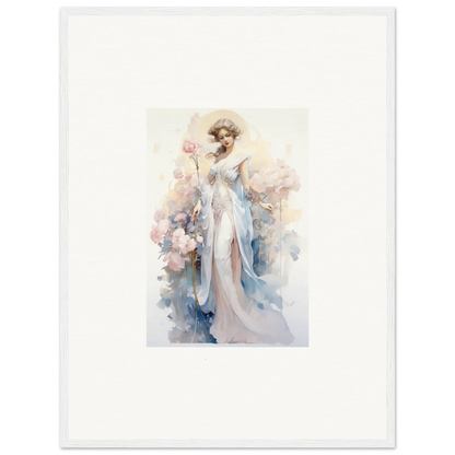 Watercolor canvas print of an elegant woman in a white dress for room decoration