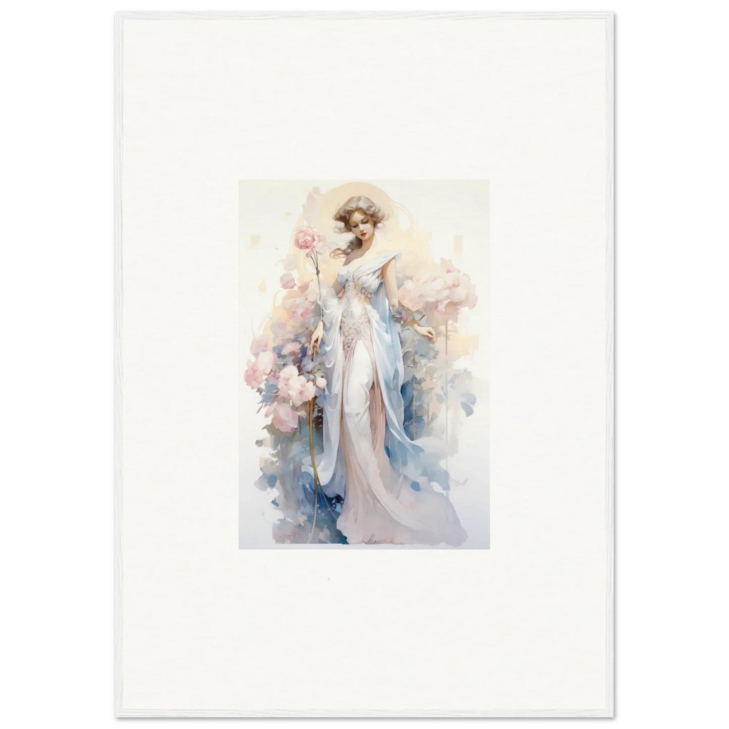 Watercolor of an elegant woman in blue gown with floral vibes for Blossom Serenade canvas print