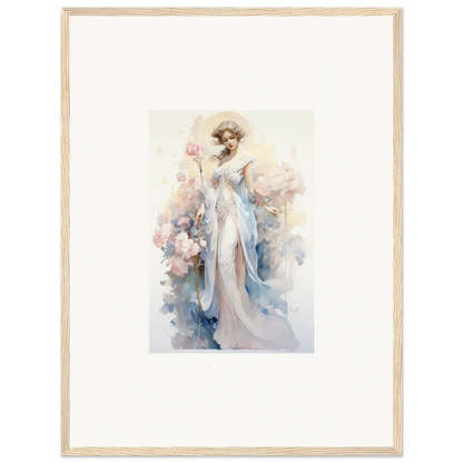 Watercolor painting of an elegant woman with a pink flower for room decoration