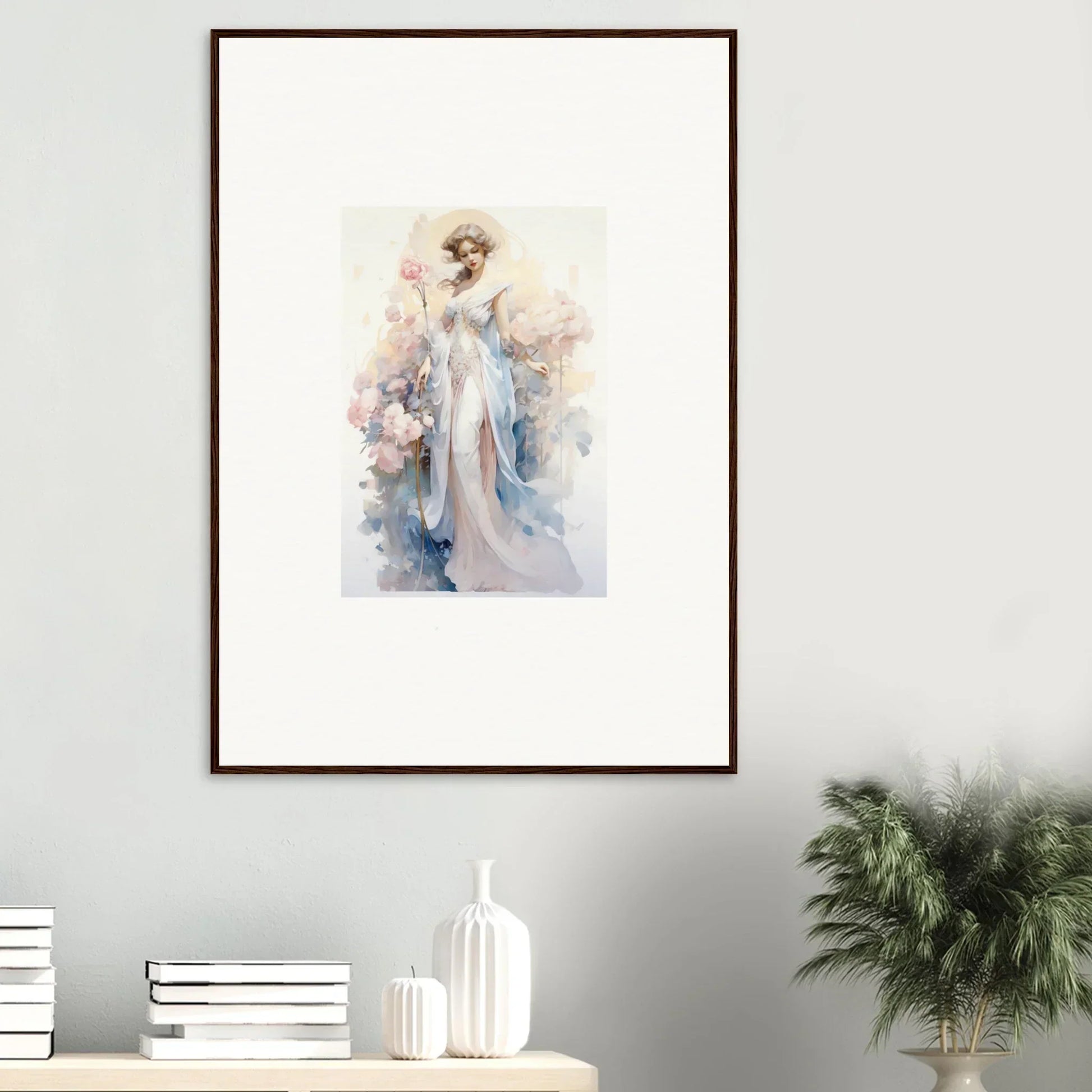 Framed watercolor painting of an elegant woman, perfect for room decoration or Blossom Serenade