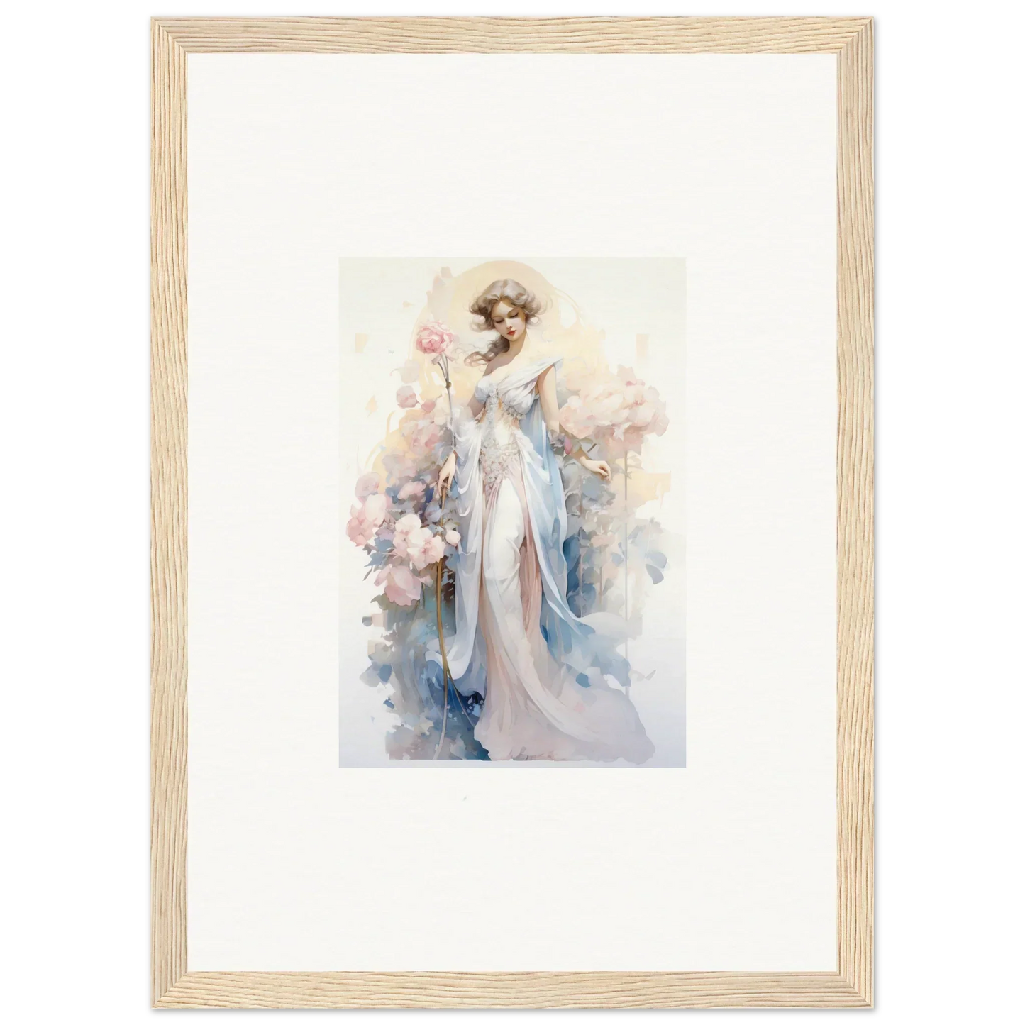 Framed watercolor of an elegant woman holding flowers, perfect for room decoration