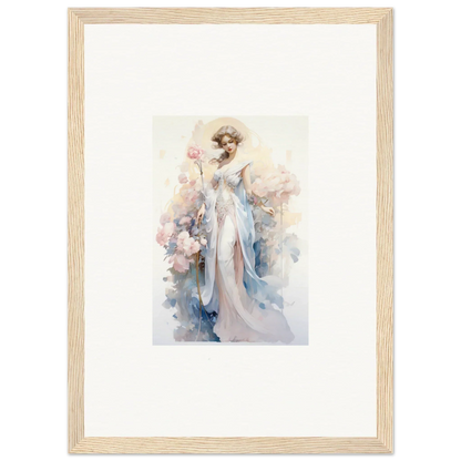 Framed watercolor of an elegant woman holding flowers, perfect for room decoration