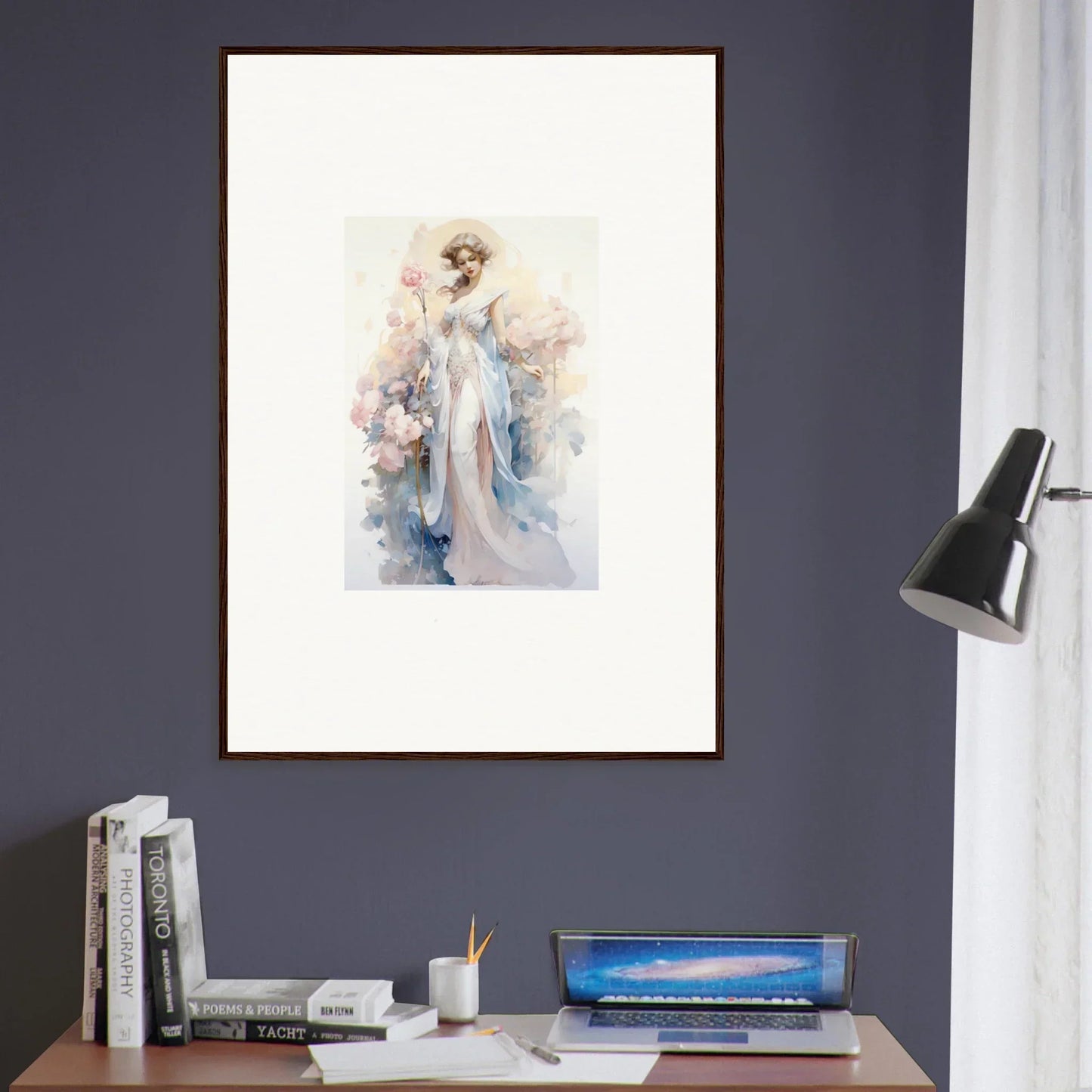 Framed watercolor painting of an elegant woman for a dreamy room decoration, Blossom Serenade canvas print