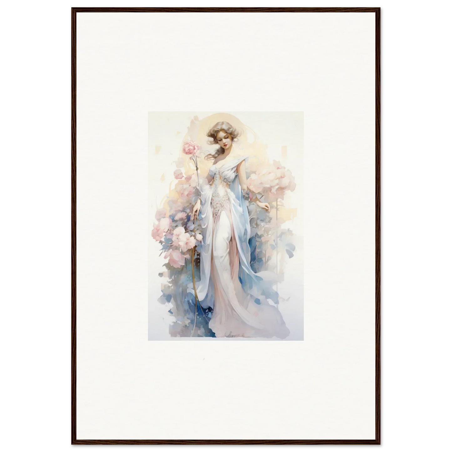 Watercolor painting of an elegant woman in a flowing gown for Blossom Serenade room decoration