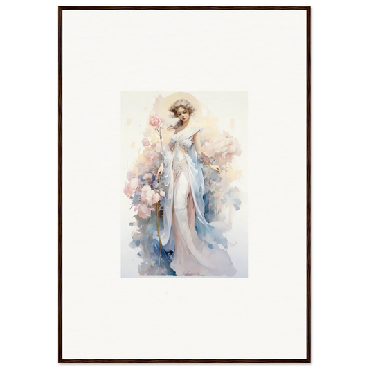 Watercolor painting of an elegant woman in a flowing gown for Blossom Serenade room decoration