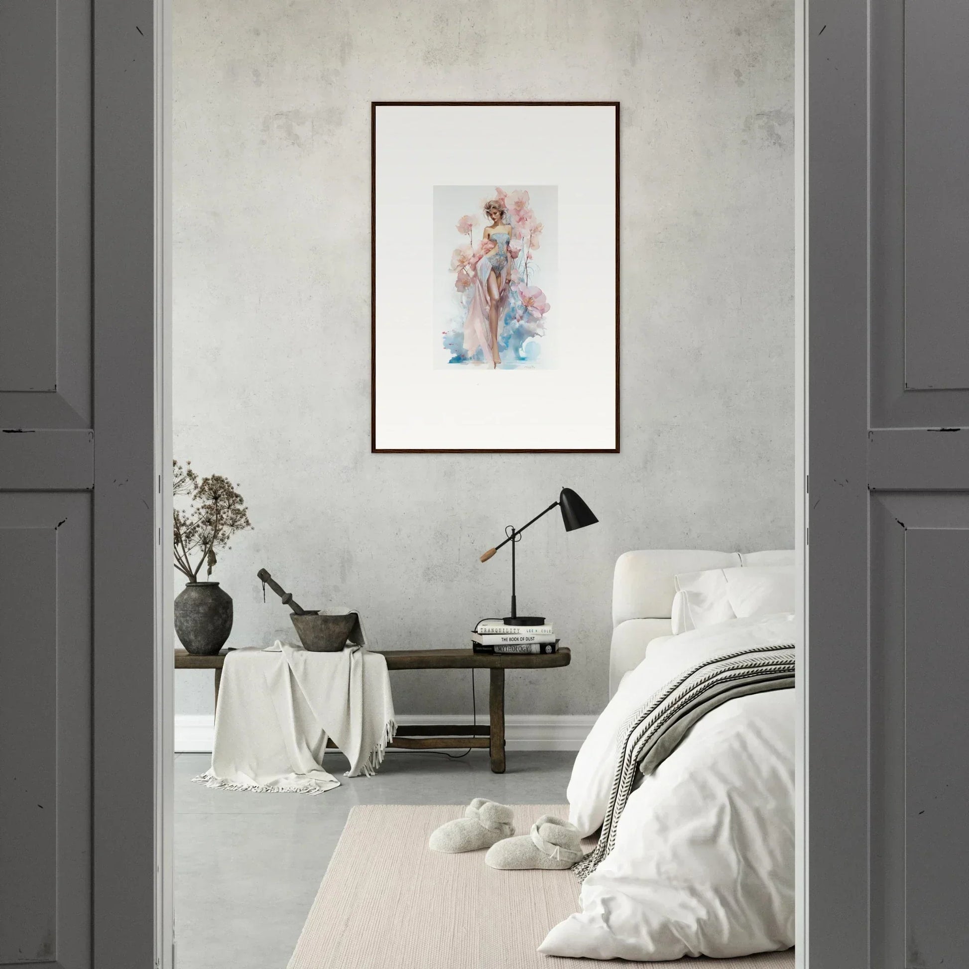 Framed watercolor of a nude figure in pastel colors, perfect for blossoming dreams room decoration