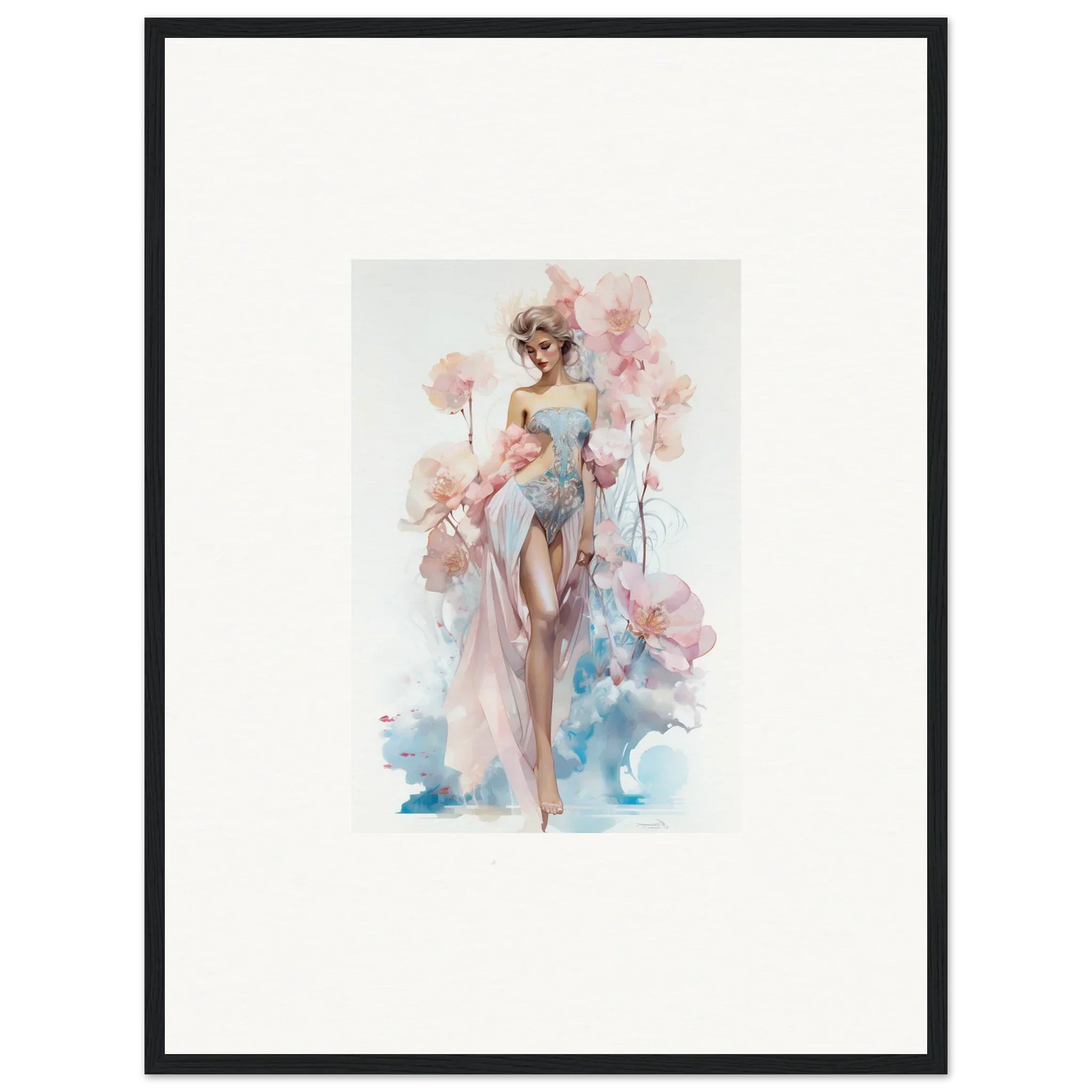 Watercolor painting of a woman in a flowing pastel dress for blossoming dreams room decoration