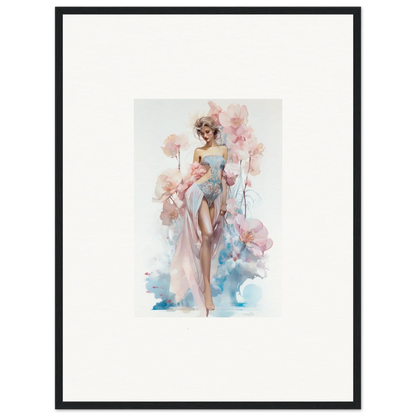 Watercolor painting of a woman in a flowing pastel dress for blossoming dreams room decoration