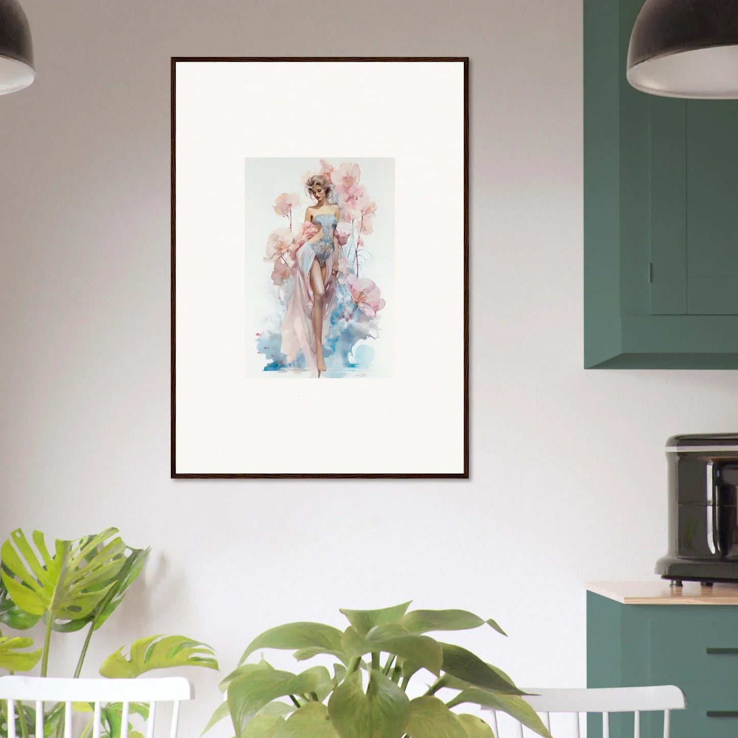 Framed watercolor nude with pastel blooms, perfect for blossoming dreams room decoration