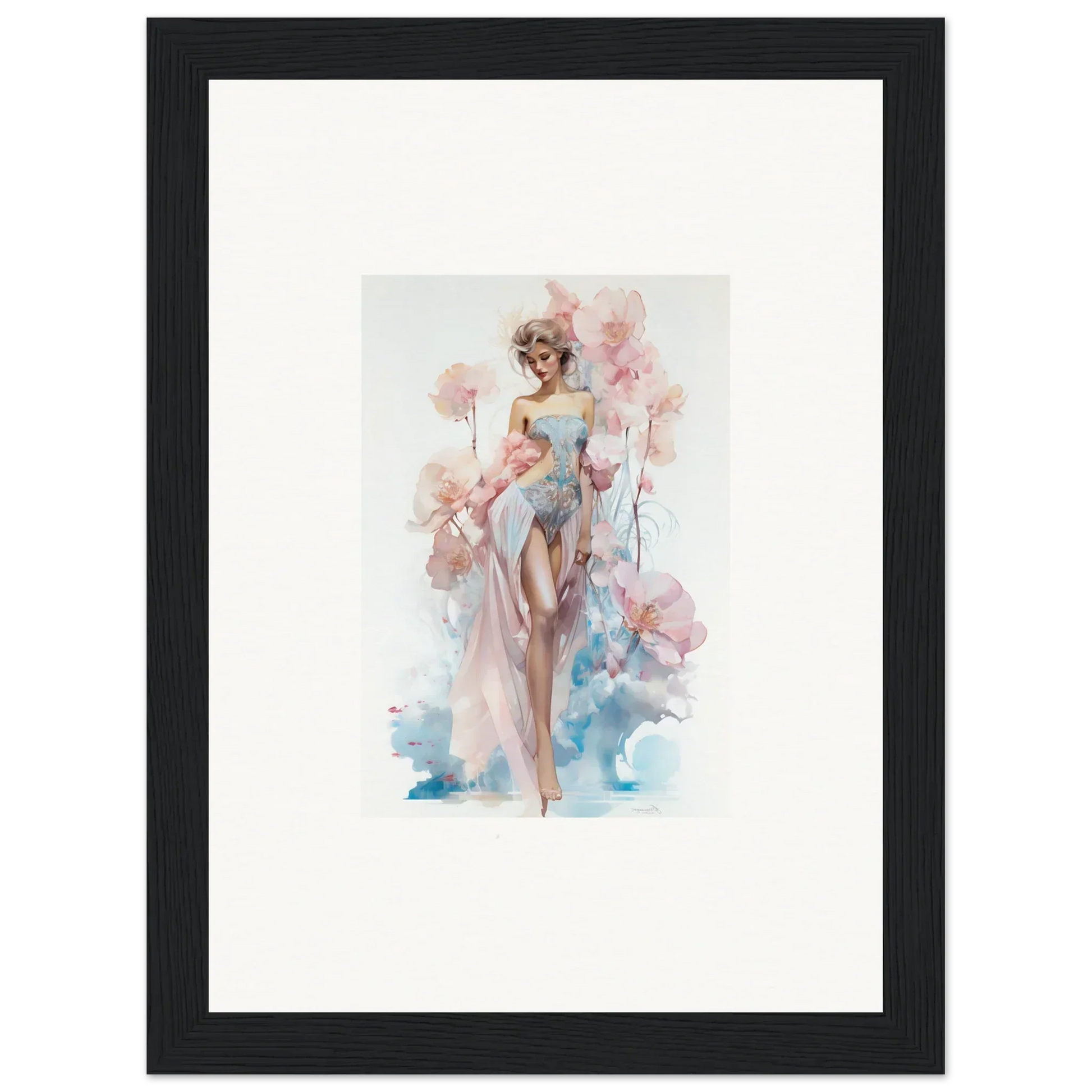 Framed watercolor of an elegant woman for blossoming dreams room decoration