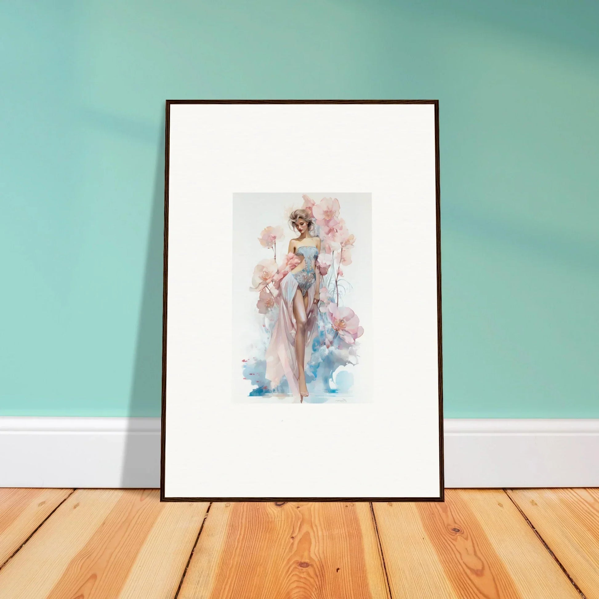 Framed watercolor of a ballet dancer with flowers, perfect for blossoming dreams decor