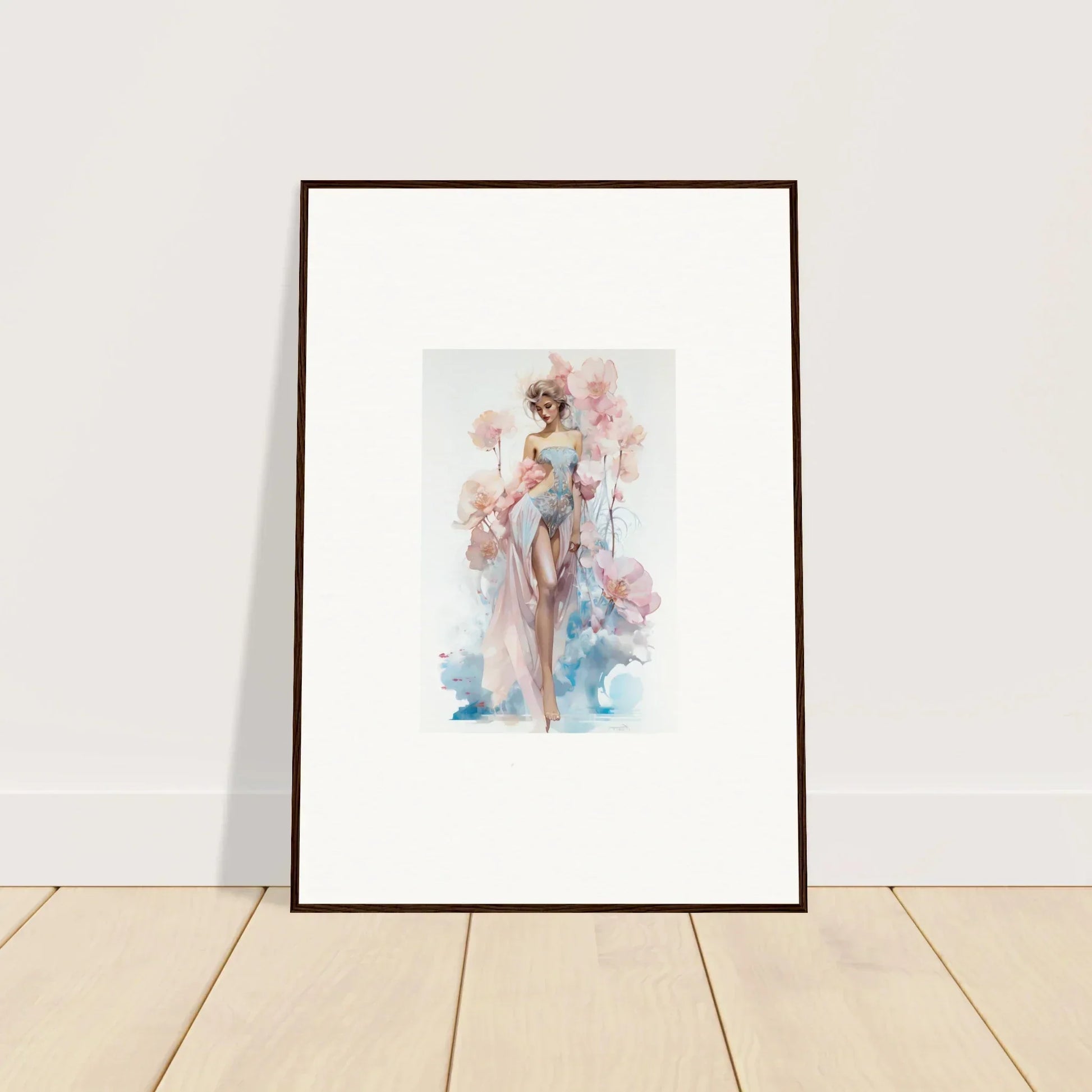 Framed watercolor of a graceful female in soft florals, perfect for blossoming dreams decor