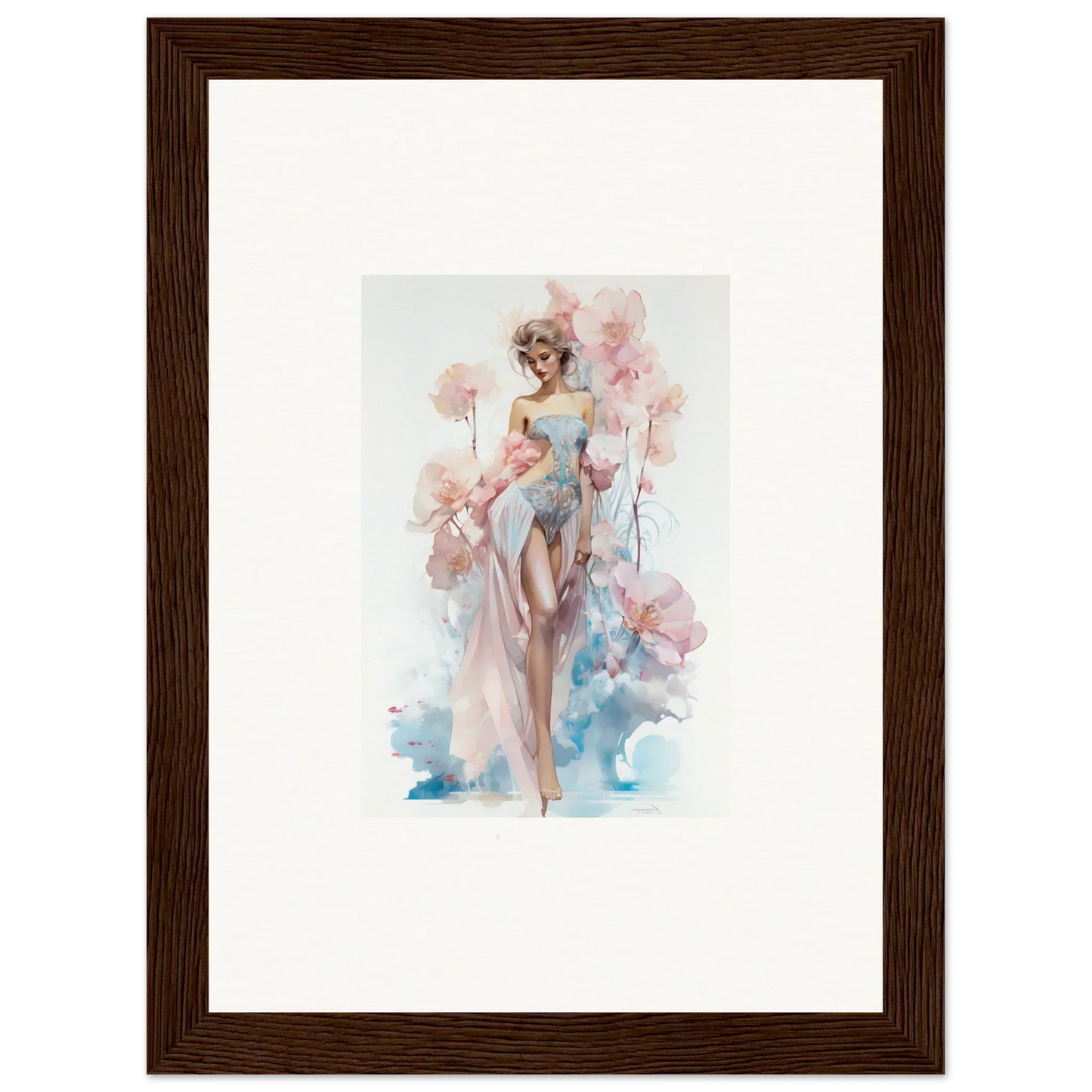 Framed watercolor of an elegant woman with floral elements for room decoration bliss