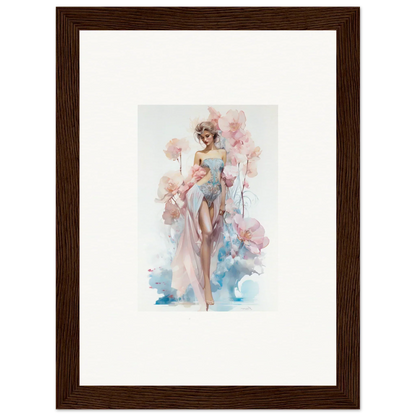 Framed watercolor of an elegant woman with floral elements for room decoration bliss