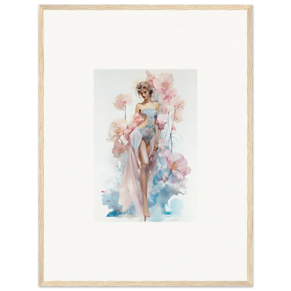 Watercolor canvas print of a woman in a flowing dress and blossoming dreams in pink