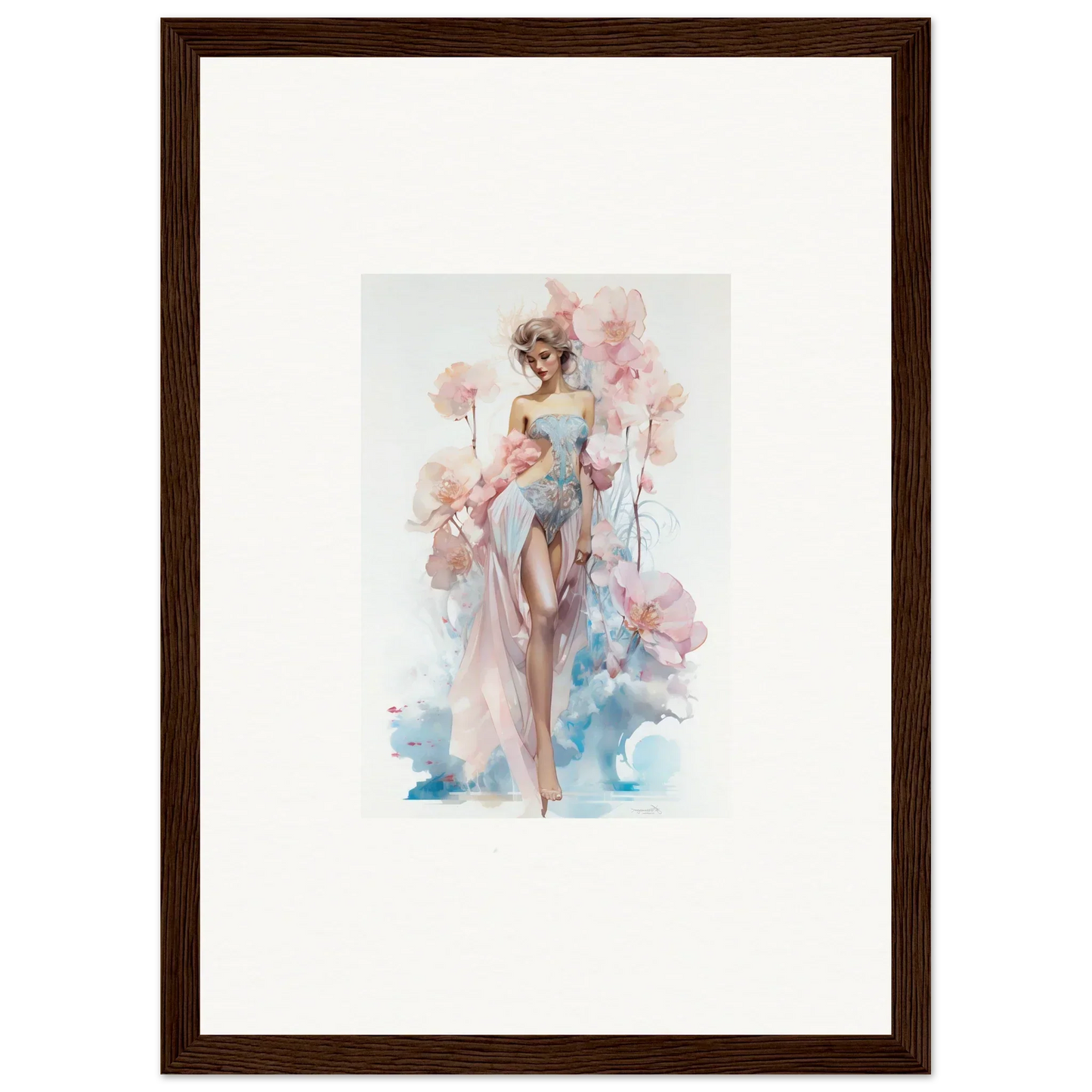 Watercolor painting of a woman in a flowing dress for blossoming dreams room decoration