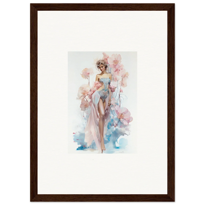 Watercolor painting of a woman in a flowing dress for blossoming dreams room decoration