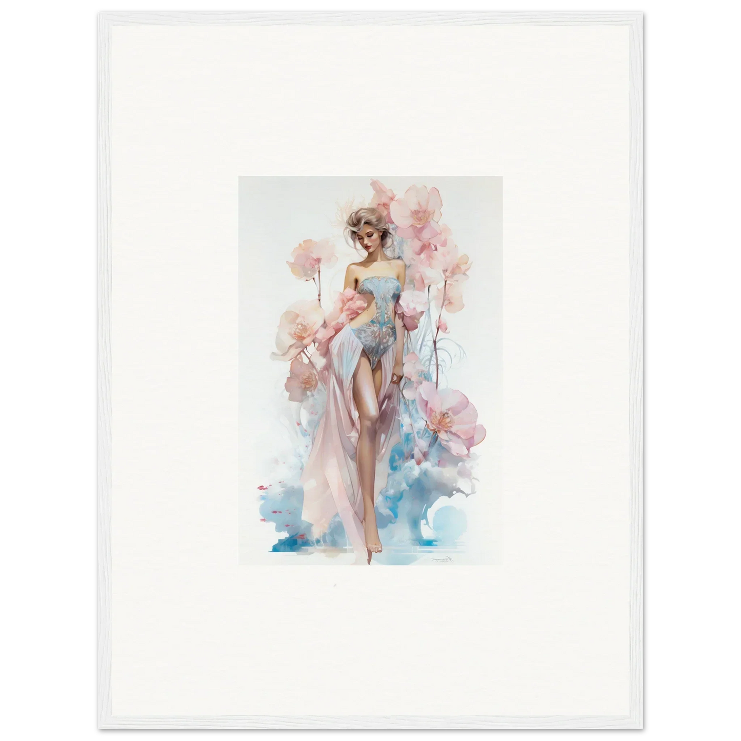 Watercolor canvas print of a graceful female figure in blossoming dreams hues