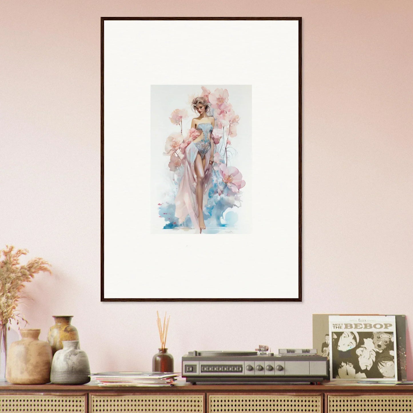 Framed watercolor painting of a feminine figure in soft pink flowers for blossoming dreams room decoration