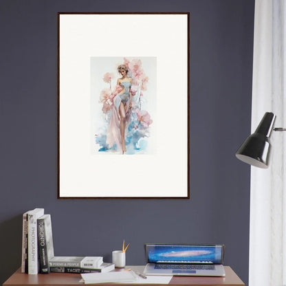 Framed watercolor of a graceful female figure with pastel flowers for blossoming dreams room decoration