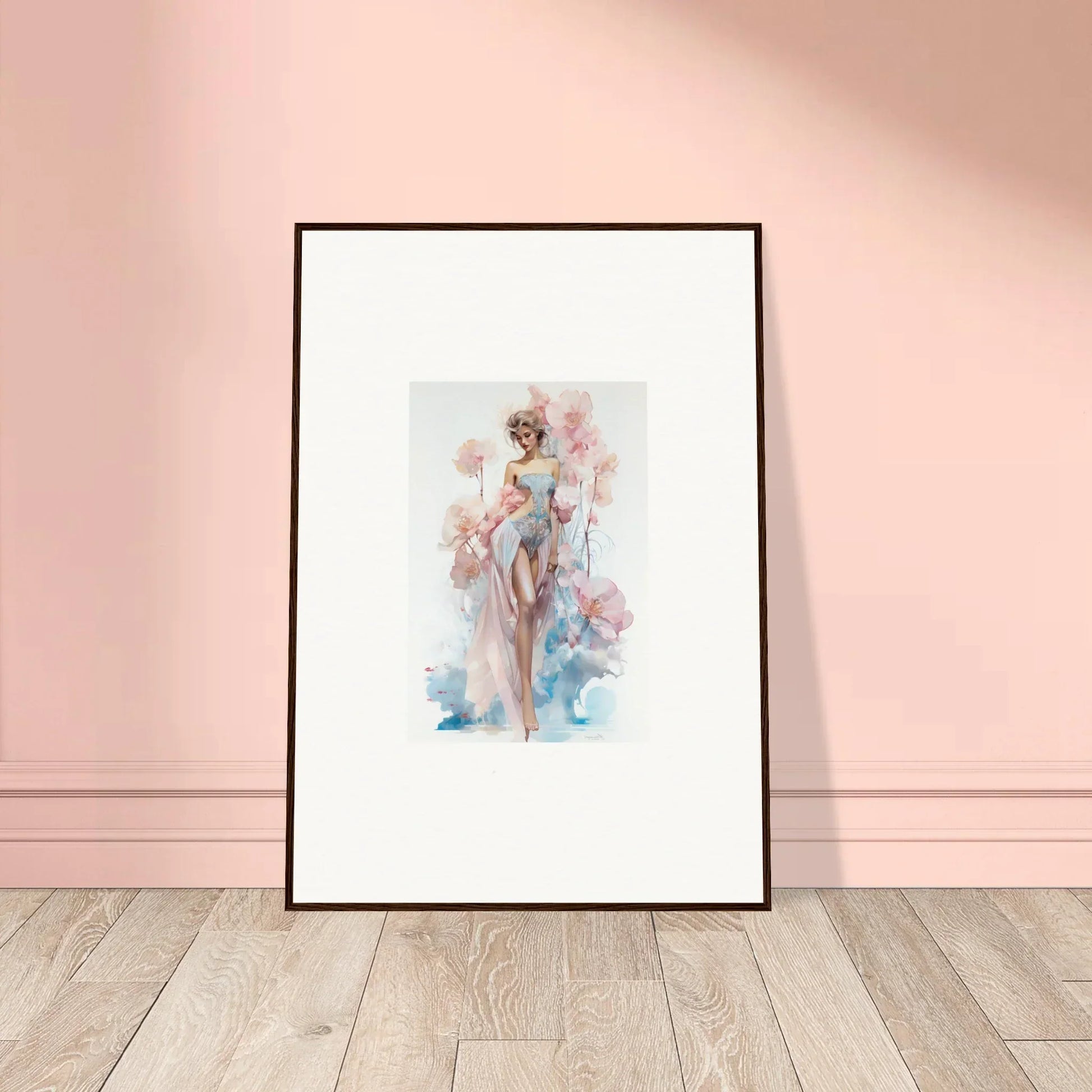 Framed watercolor of feminine figure with floral elements for blossoming dreams room decoration