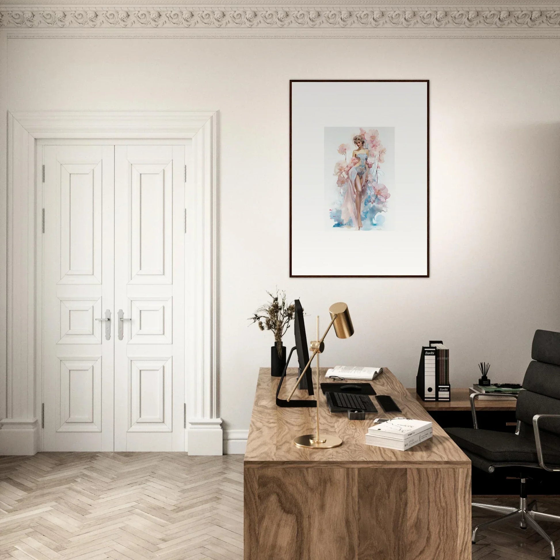 Elegant home office with wooden desk and canvas print of Blossoming Dreams