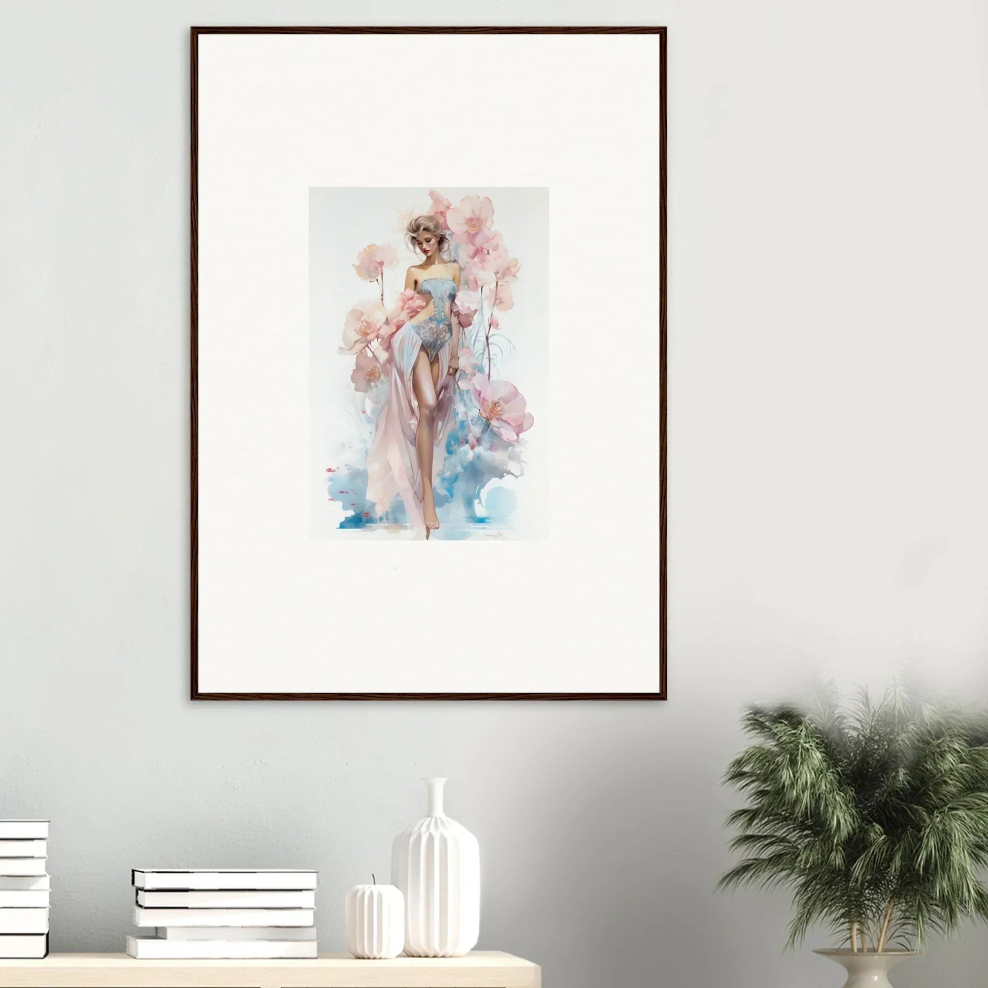 Framed watercolor of a nude figure with a flower for blossoming dreams room decoration