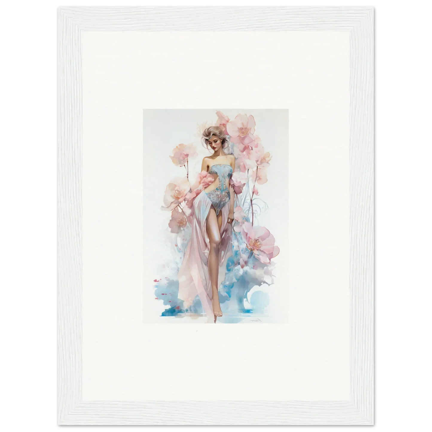 Watercolor painting of a woman in a flowing dress with pink flowers for room decoration