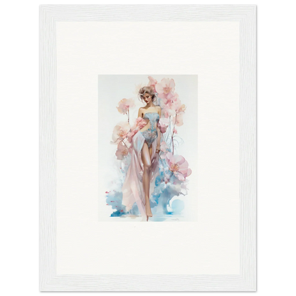 Watercolor painting of a woman in a flowing dress with pink flowers for room decoration