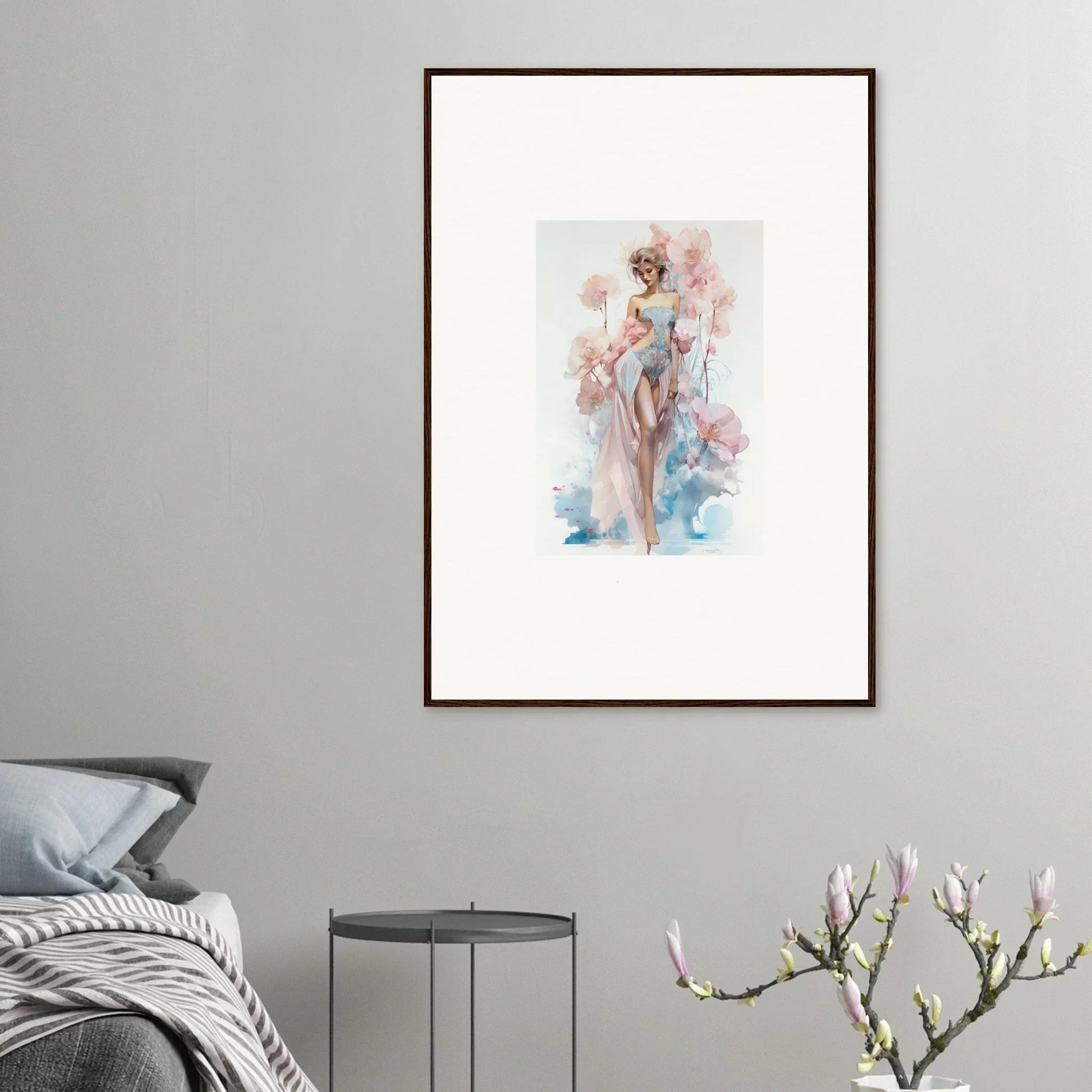 Framed watercolor of a feminine figure, perfect for blossoming dreams room decoration