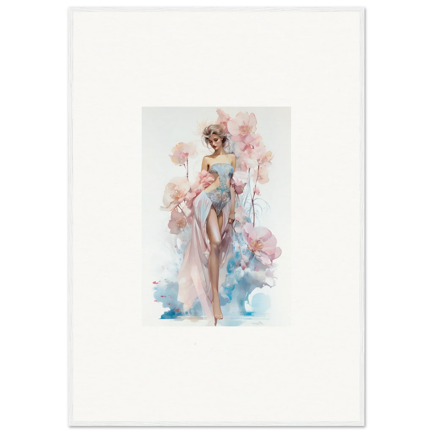 Watercolor canvas print of a woman in a pink dress for blossoming dreams room decoration