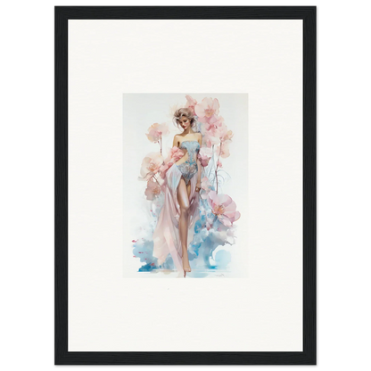 Watercolor painting of a woman in a dress with pink flowers for blossoming dreams room decoration