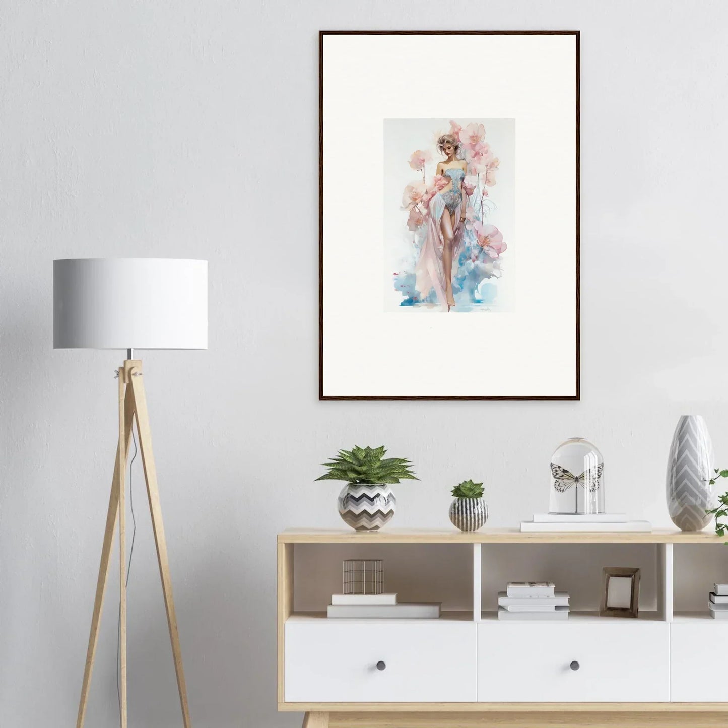 Framed watercolor of a figure with flowers, perfect for blossoming dreams in room decoration