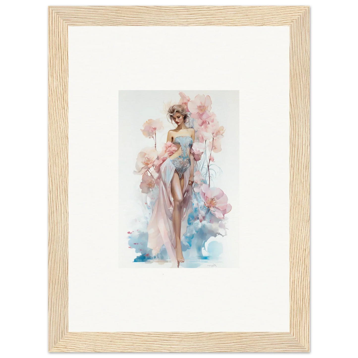 Framed watercolor of a woman in a dress with pink flowers for room decoration and blossoming dreams