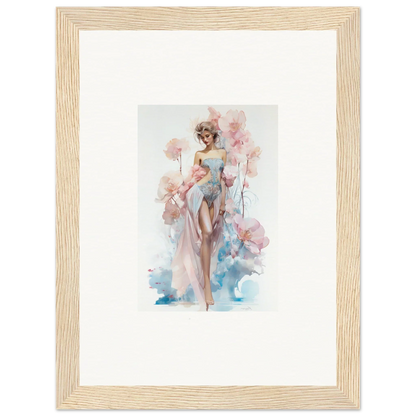 Framed watercolor of a woman in a dress with pink flowers for room decoration and blossoming dreams