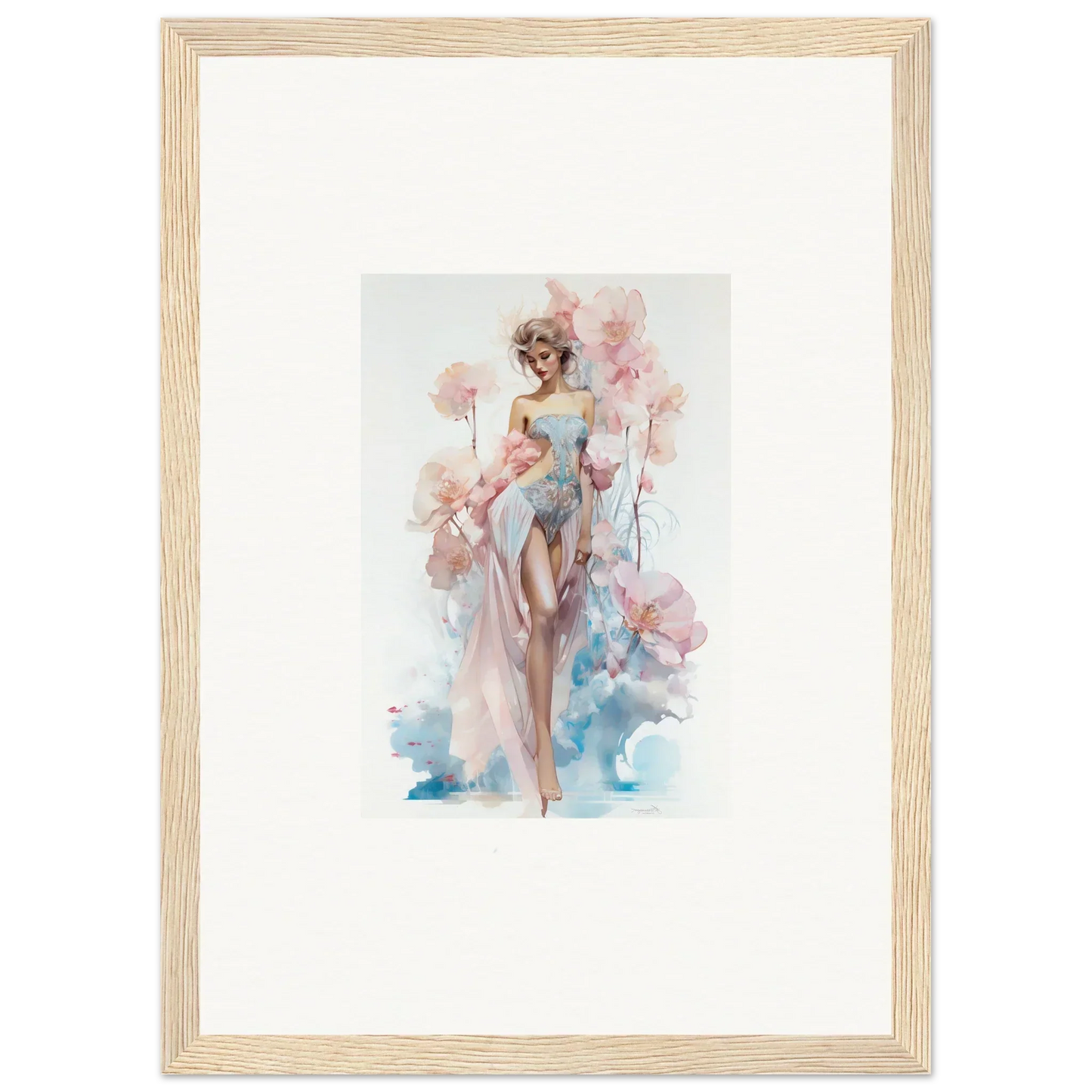 Framed watercolor painting of a graceful figure for blossoming dreams room decoration