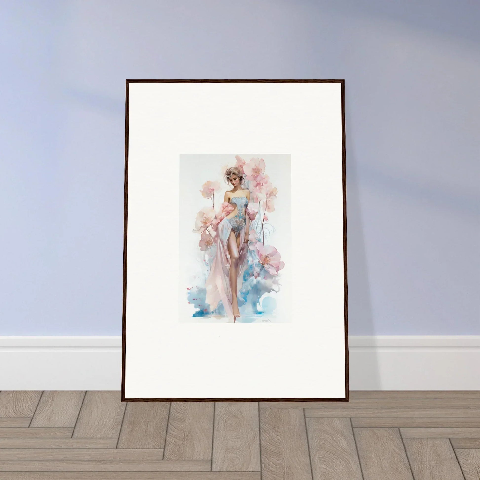 Framed watercolor nude surrounded by soft florals, perfect for blossoming dreams room decoration