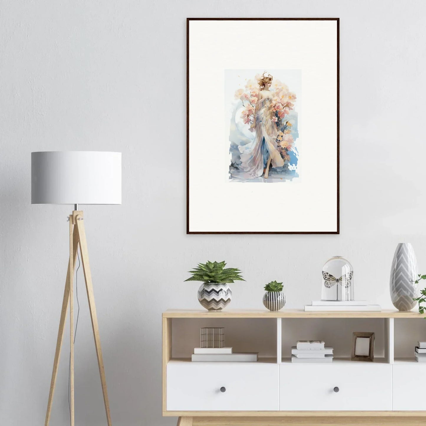 Framed watercolor painting of a ballet dancer in blush mirage pastel hues for room decor