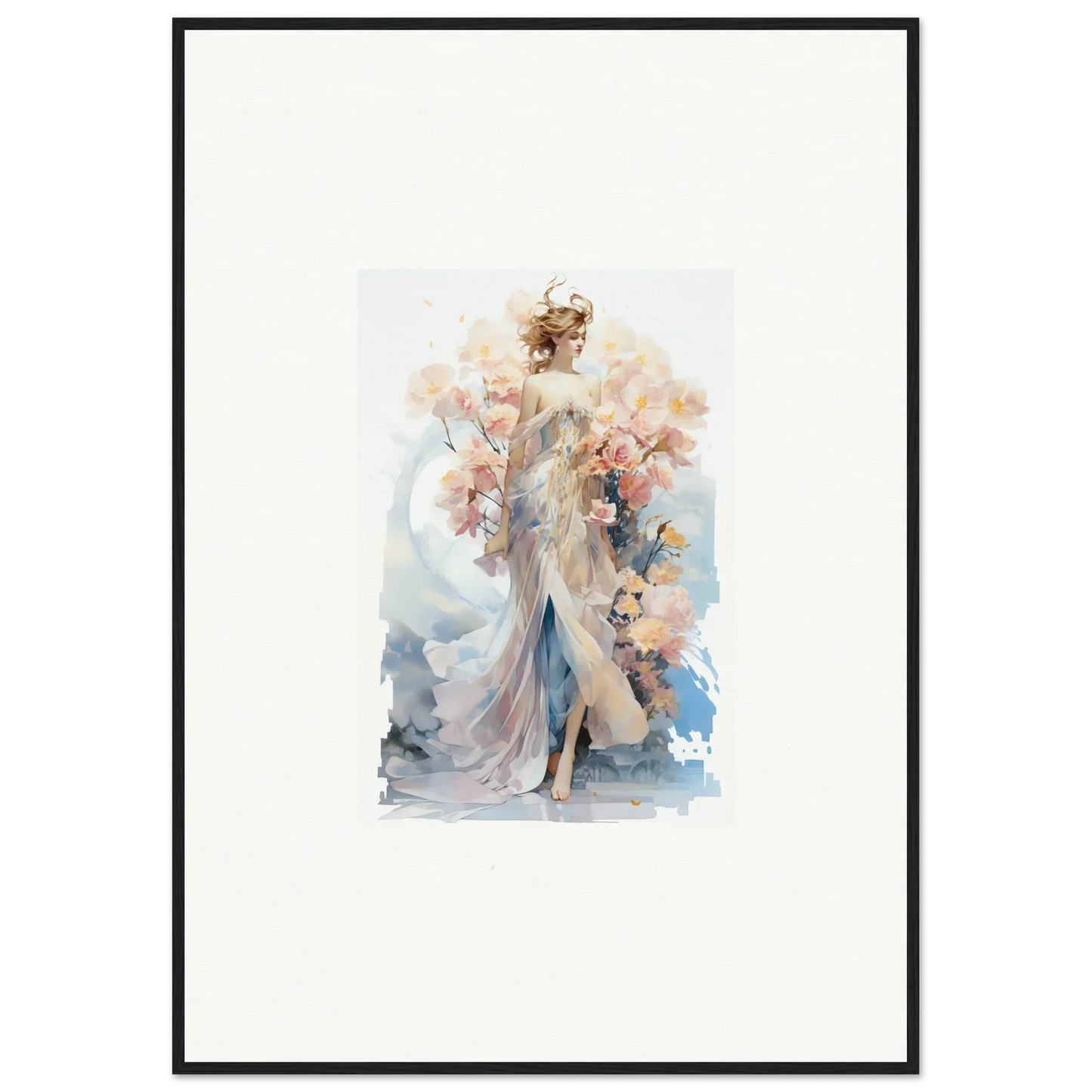 Watercolor painting of a female figure with fabric and flowers, framed wall art for Blush Mirage