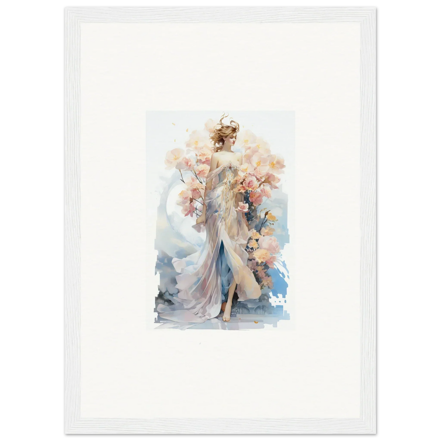 Watercolor painting of an elegant woman in a flowing gown for Blush Mirage room decor