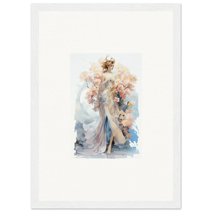 Watercolor painting of an elegant woman in a flowing gown for Blush Mirage room decor