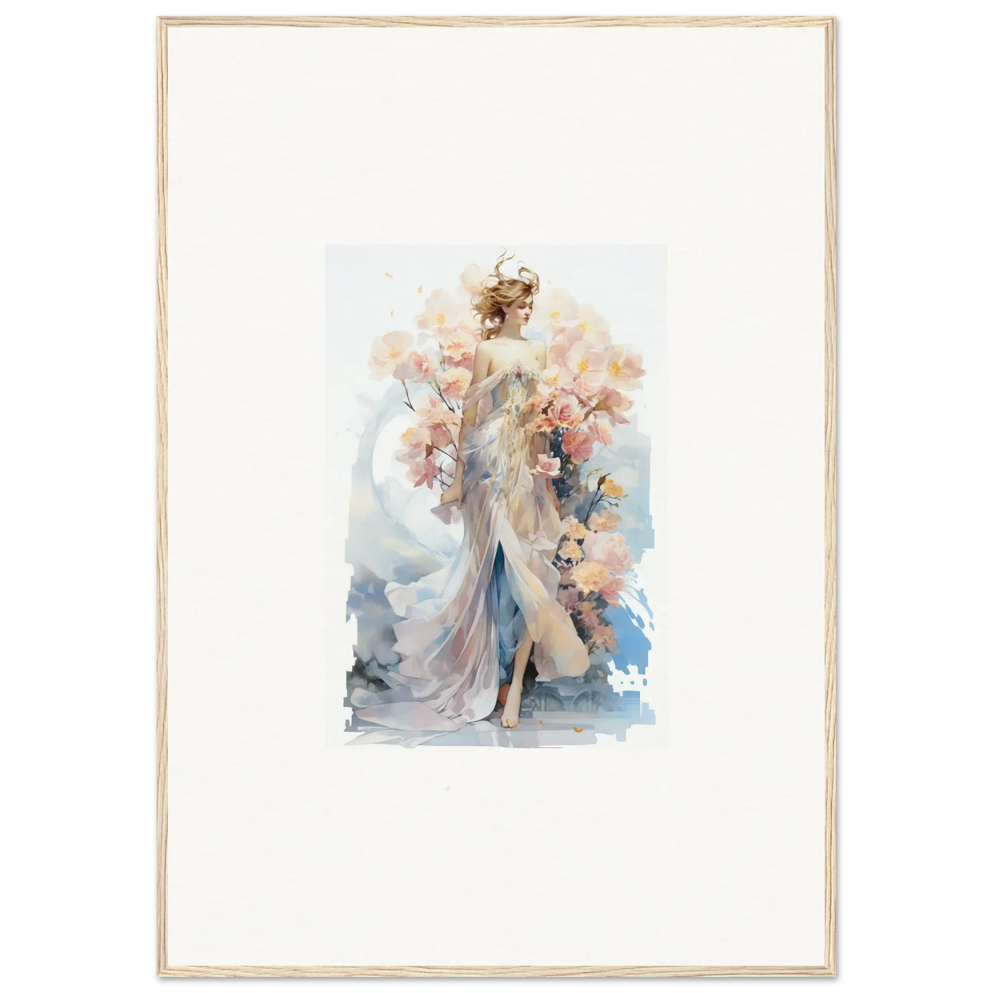 Ethereal Blush Mirage watercolor painting of a graceful figure for room decor