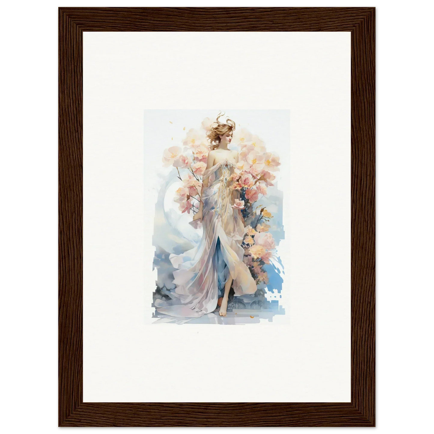 Watercolor painting of an elegant woman in a flowing gown for Blush Mirage room decor