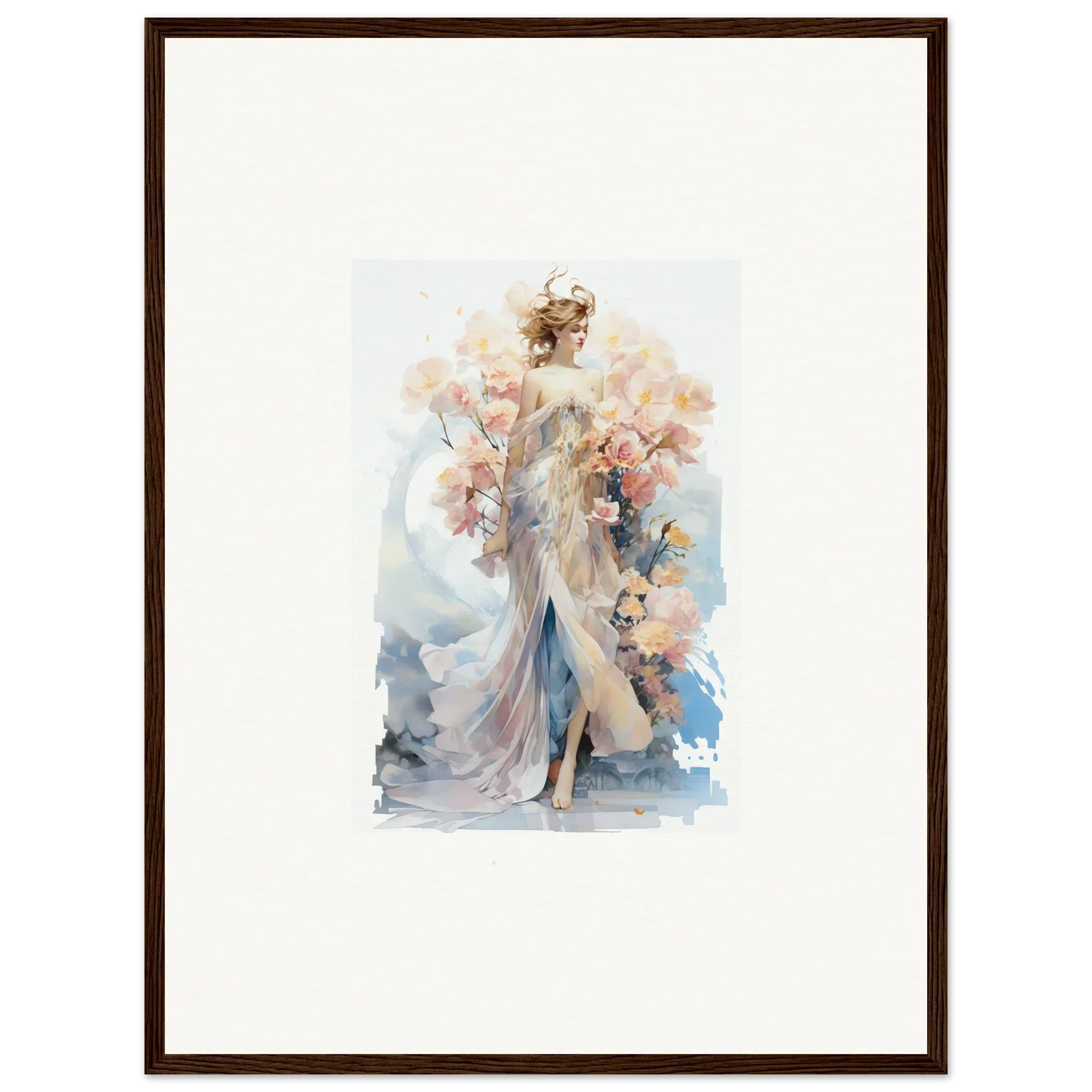 Watercolor painting of a figure in a floral gown for Blush Mirage room decor