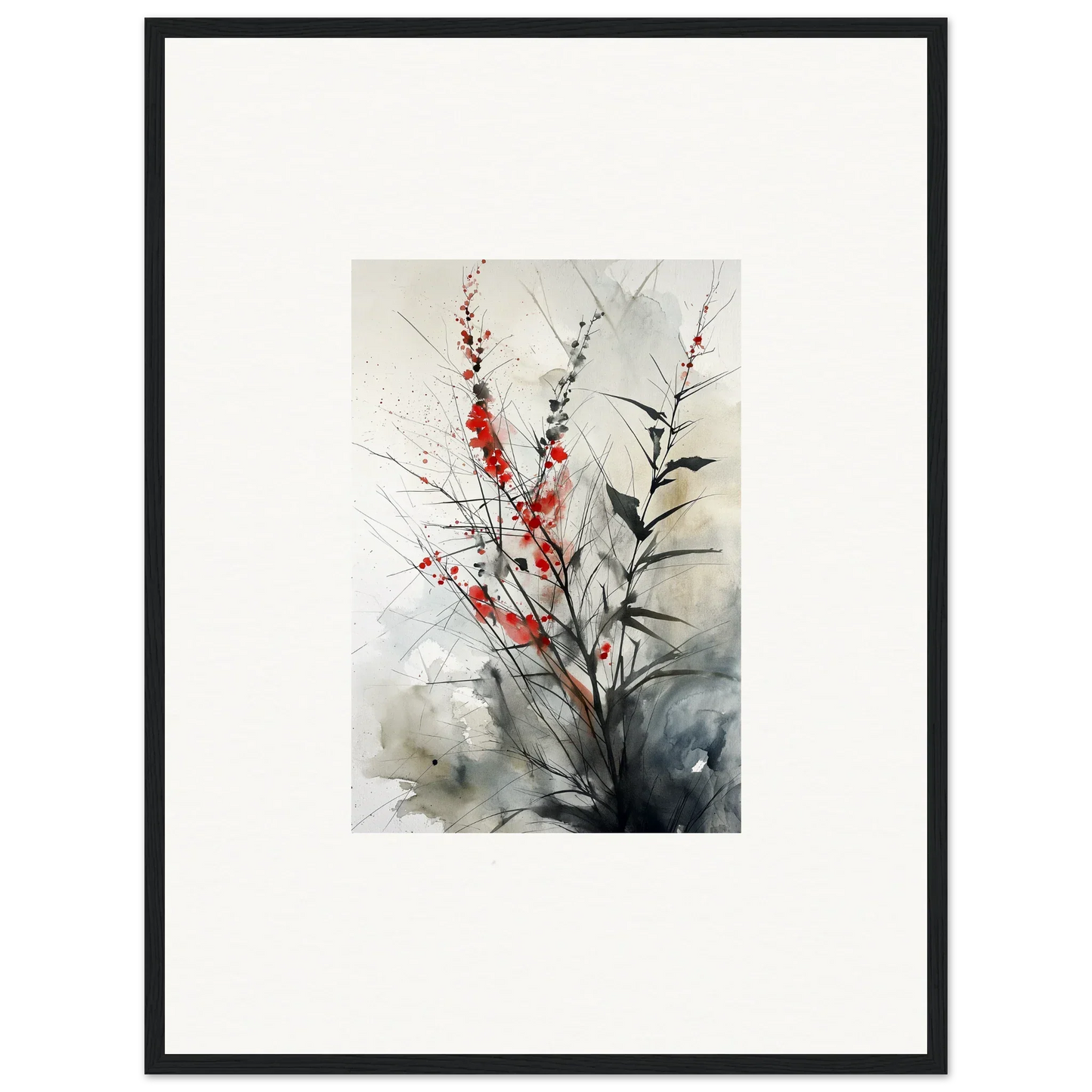 Framed watercolor of delicate red flowers, perfect for botanical orchestra room decoration